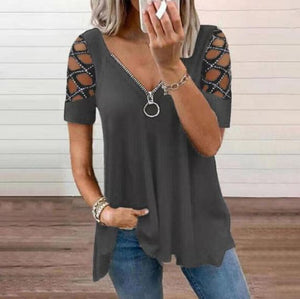 Sexy Hollow Out Zipper Short Sleeve Pullover Tshirt Tops