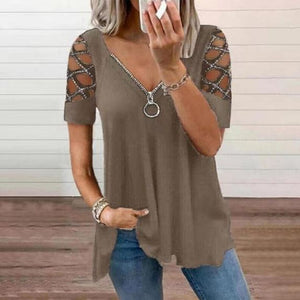 Sexy Hollow Out Zipper Short Sleeve Pullover Tshirt Tops