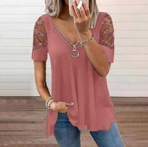 Sexy Hollow Out Zipper Short Sleeve Pullover Tshirt Tops